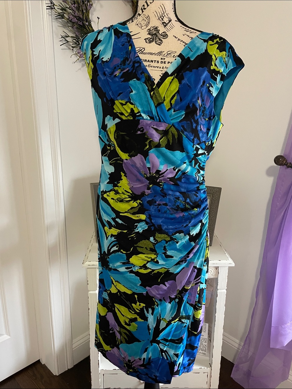 V-Neck Floral Midi Dress in Blue, Purple & Turquoise